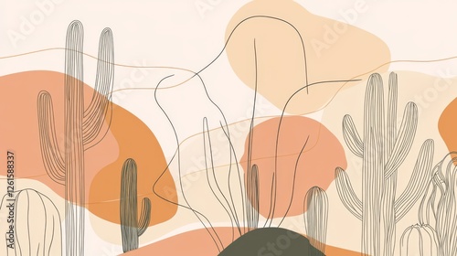 87.A modern set of cactus line graphics, showcasing sleek, continuous line drawings of saguaros, barrel cacti, and prickly pears, with balanced proportions and minimalistic charm.