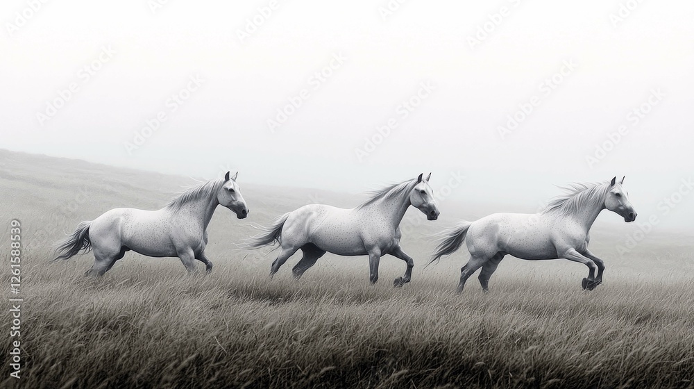 Fototapeta premium Three Majestic White Horses Running in a Misty Field