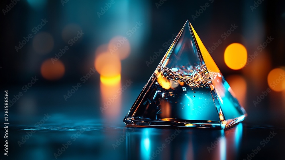 Geometric Glass Pyramid Displaying Reflection and Blue Light in Dark Environment