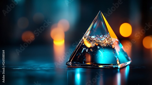 Obraz na płótnie Geometric Glass Pyramid Displaying Reflection and Blue Light in Dark Environment w salonie
