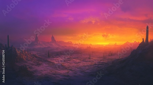 118.A panoramic scene of a stony desert bathed in the warm colors of sunset, with sharp cactus silhouettes dotting the horizon against a gradient sky of gold and purple.