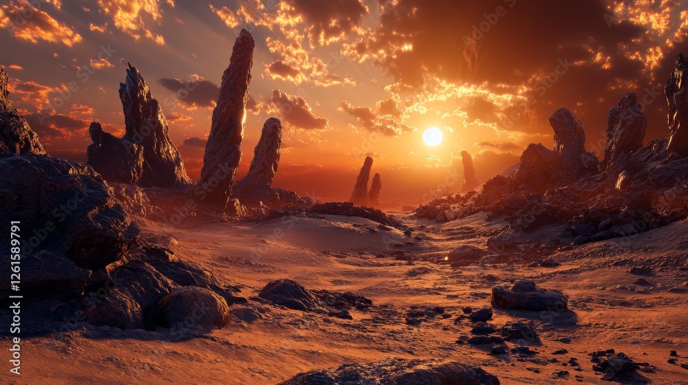 117.A serene desert landscape at dusk with a glowing orange sun setting behind jagged stones and towering cacti, creating dramatic shadows across the sandy terrain. 117.A serene desert landscape at dusk with a glowing orange sun setting behind jagged stones and towering cacti, creating dramatic shadows across the sandy terrain.