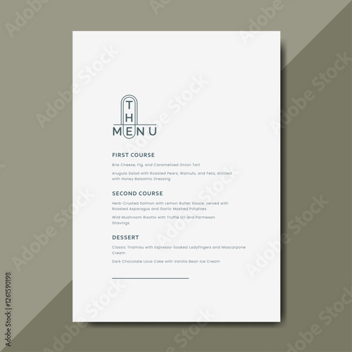 Minimalist menu design template with simple layout and clean typography . Perfect for receptions, anniversary, dinners, birthday party and formal gatherings. Printable menu design with size 5