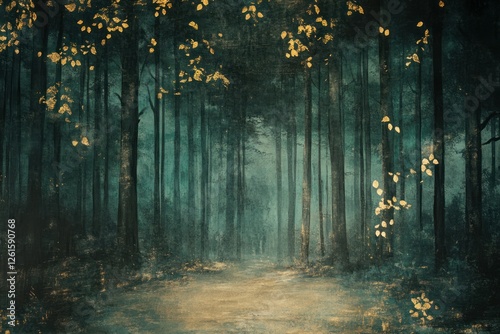A dark and moody forest mural with a 3D effect, featuring golden accents that shimmer and contrast against the deep green backdrop. -