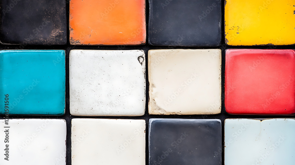 Fototapeta premium Colorful Ceramic Tiles Arranged in a Grid Pattern with Textured Surfaces for Artistic Visual Appeal