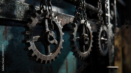 Rusted gears and chains hanging in an abandoned factory, with dramatic lighting casting shadows and creating a moody, atmospheric industrial scene photo