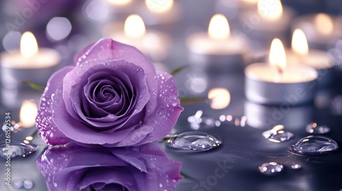 Simple yet elegant purple rose with surrounding candles on a glossy, mirrored surface, creating a serene and meaningful ambiance