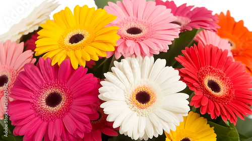 Colorful Gerbera Daisies Bouquet Close-up of Cheerful Spring Flowers in Full Bloom Detail on White photo