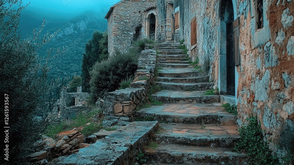 Fototapeta premium A flight of stone steps in an ancient city leading up to a historic site.