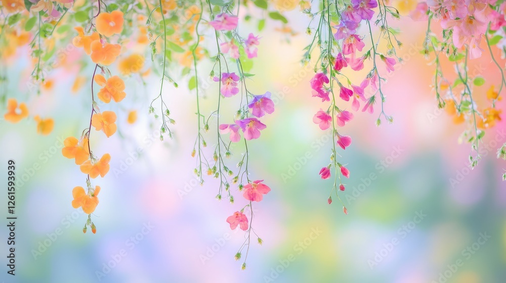 Vibrant hanging flowers in a variety of colors, suspended in mid-air, with a blurred pastel background, creating a peaceful and ethereal atmosphere Vibrant hanging flowers in a variety of colors, suspended in mid-air, with a blurred pastel background, creating a peaceful and ethereal atmosphere