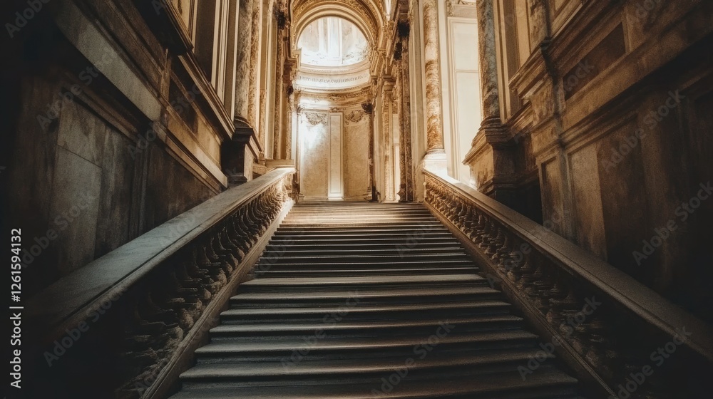 Obraz premium A grand, marble staircase in an elegant museum with intricate railings.