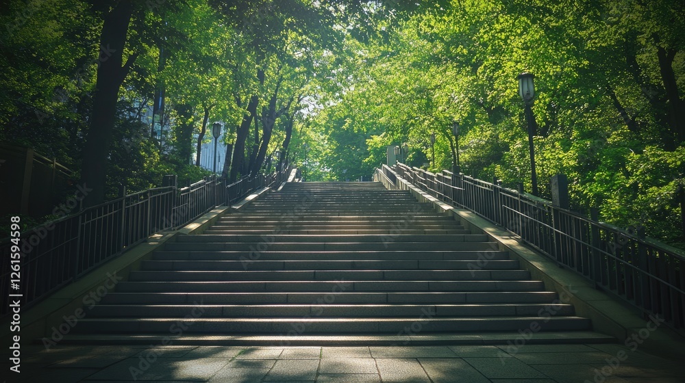 Fototapeta premium A long outdoor staircase in a green park surrounded by trees.