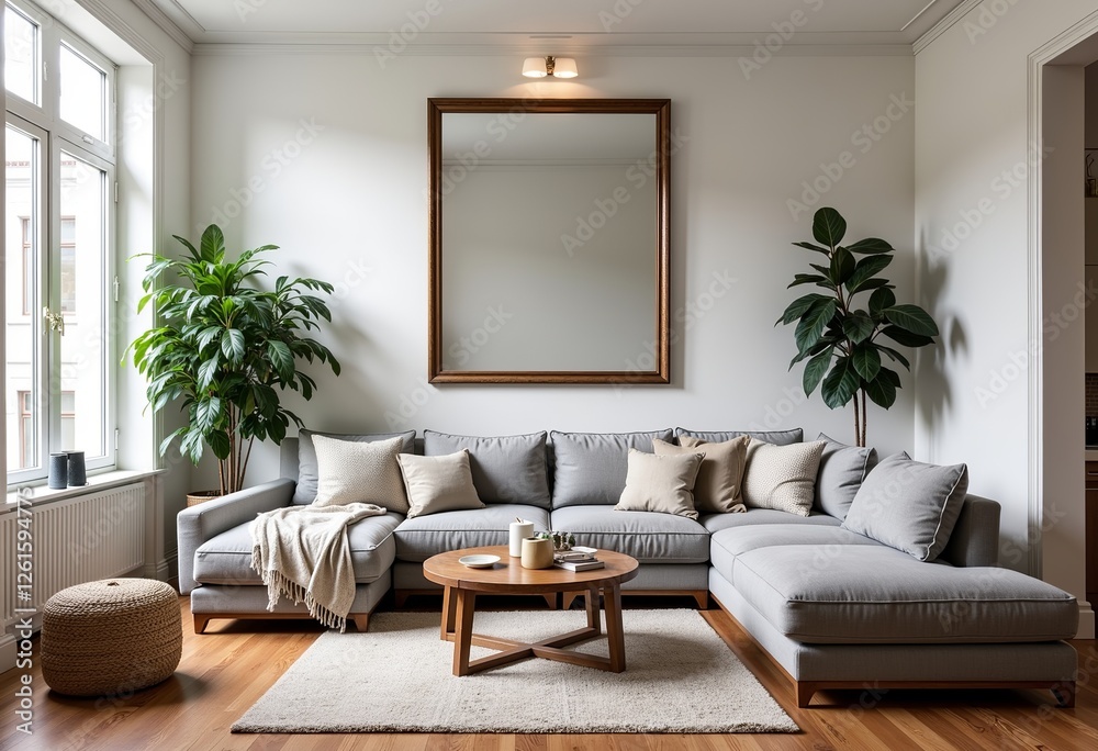 Sun-Drenched Living Room with Large Mirror: Capturing the Essence of a Cozy Interior Design with White Walls and Ample Natural Light, Ideal for Home Decor Inspiration and Lifestyle Photography.

