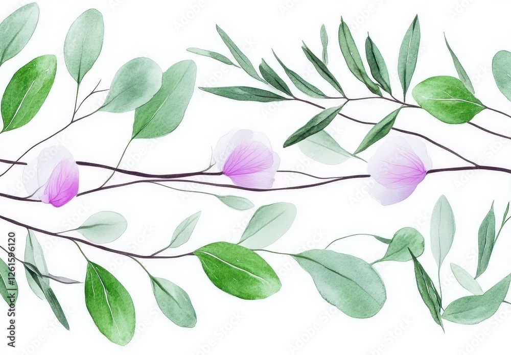 Obraz premium Elegant Botanical Illustration with Leaves and Flowers on White Background
