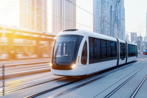 Modern tram in urban landscape city center transportation image bright environment side view innovation concept