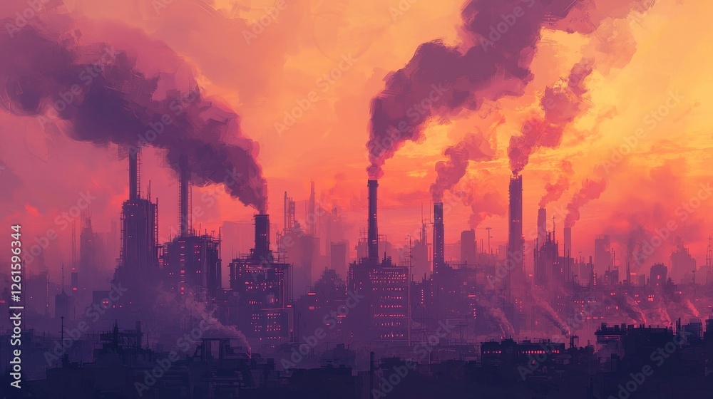 Fototapeta premium Industrial pollution rising at dusk urban cityscape digital art smoky environment wide-angle view environmental concerns