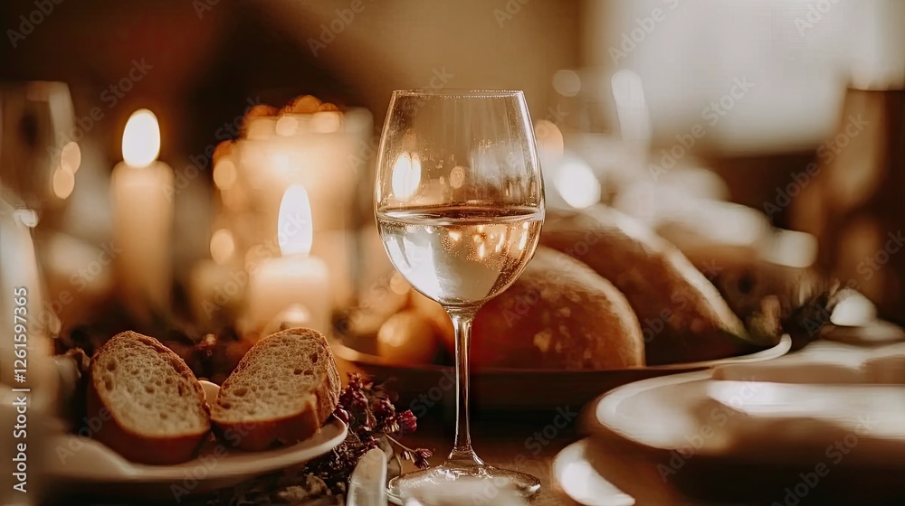 Naklejka premium A simple but elegant dinner table with a full glass of water and fresh bread.