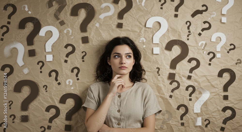 Thoughtful woman surrounded by question marks on beige crumpled Thoughtful woman surrounded by question marks on beige crumpled