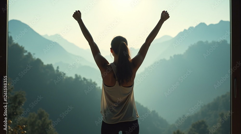 Woman Raise Arms to Stretch and Embrace the Sunlight. Woman Raise Arms to Stretch and Embrace the Sunlight.