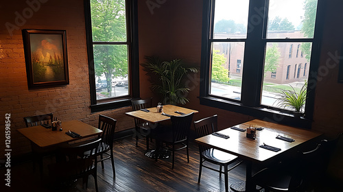 Cozy Restaurant Tables Near Large Windows Featuring Exterior Building and Street View on Cloudy Day photo