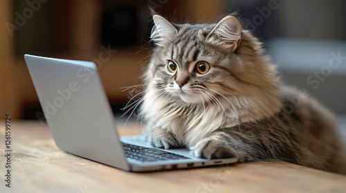Adorable Fluffy Cat Working on Laptop: A Cozy and Cute Digital Scene