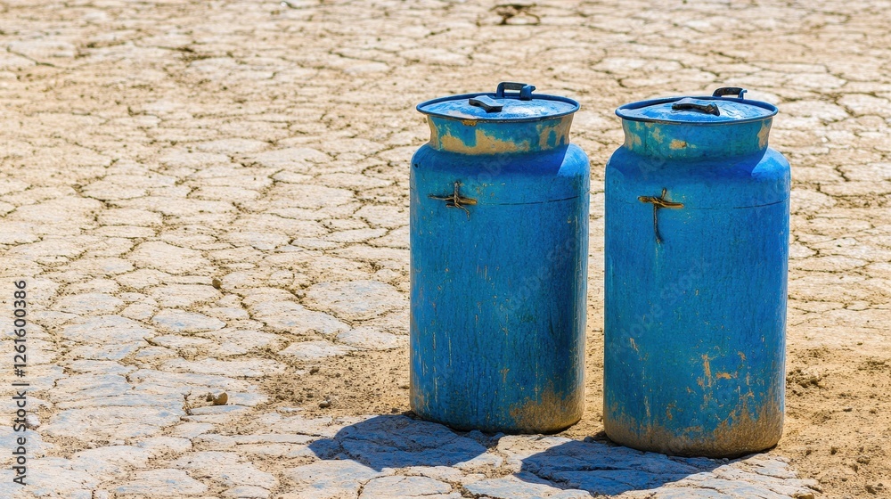 Blue Jars on Cracked Dry Earth in a Desolate Landscape Blue Jars on Cracked Dry Earth in a Desolate Landscape
