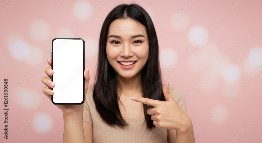 woman holding smartphone showing with blank white screen, pointing on blank isolated pastel background. woman holding smartphone showing with blank white screen, pointing on blank isolated pastel background.