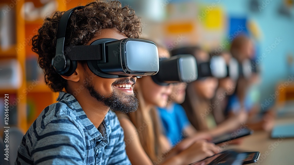 Group of children learning through digital tools in a colorful classroom using VR headsets and tablets guided by a joyful teacher in a technology driven learning space Group of children learning through digital tools in a colorful classroom using VR headsets and tablets guided by a joyful teacher in a technology driven learning space