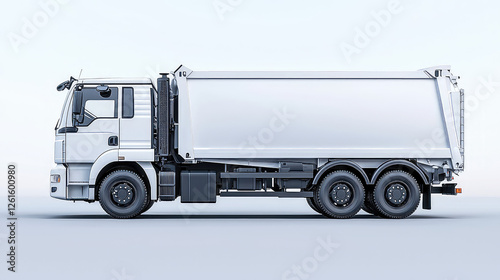 Side view of a white garbage truck on a light gray background.