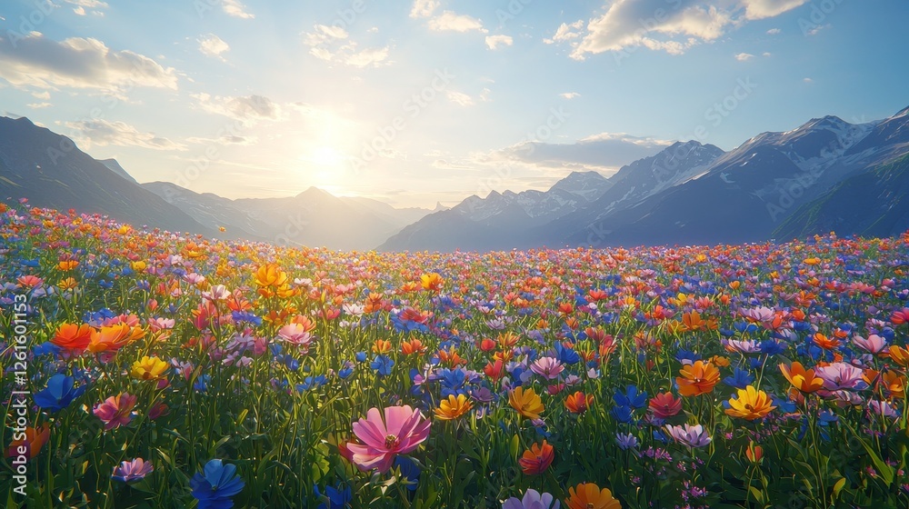 Fototapeta premium Vibrant wildflower bloom at sunrise mountain valley nature photography scenic landscape aesthetic serenity