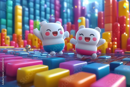 Joyful bears dancing colorful blocks