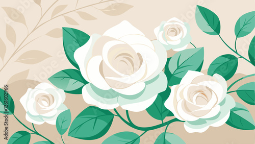 flower background, A simple yet elegant background featuring delicate white roses and soft green leaves on a neutral, pastel-toned backdrop