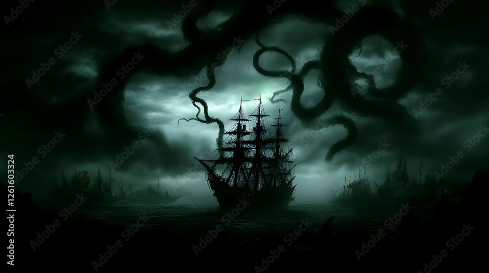 Fototapeta premium Dark Sea Vessel Surrounded by Kraken Tentacles Under Ominous Sky Illustration of Nautical Horror