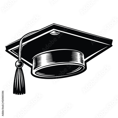 A graduation hat silhouette features a flat, square cap with a tassel hanging from one corner, symbolizing academic achievement and the completion of educational milestones.