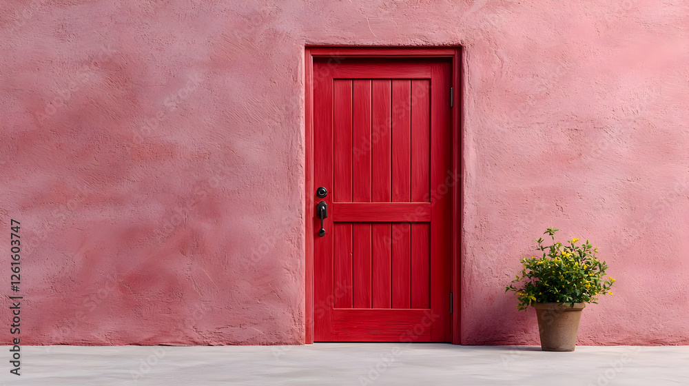 Fototapeta premium Red door, pink stucco wall, potted plant, courtyard