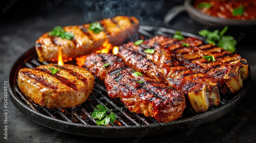 A tantalizing array of grilled meats, including juicy steaks and sausages, garnished with fresh herbs, served on a sizzling grill. A tantalizing array of grilled meats, including juicy steaks and sausages, garnished with fresh herbs, served on a sizzling grill.