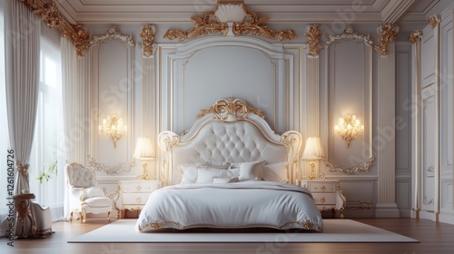 Opulent Royal Bedroom Interior Design: A Luxurious Master Suite with Gold Accents and White Furnishings