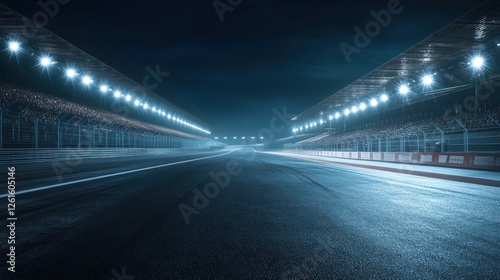 A dark, illuminated racetrack at night, showcasing the empty stretch ready for racing.