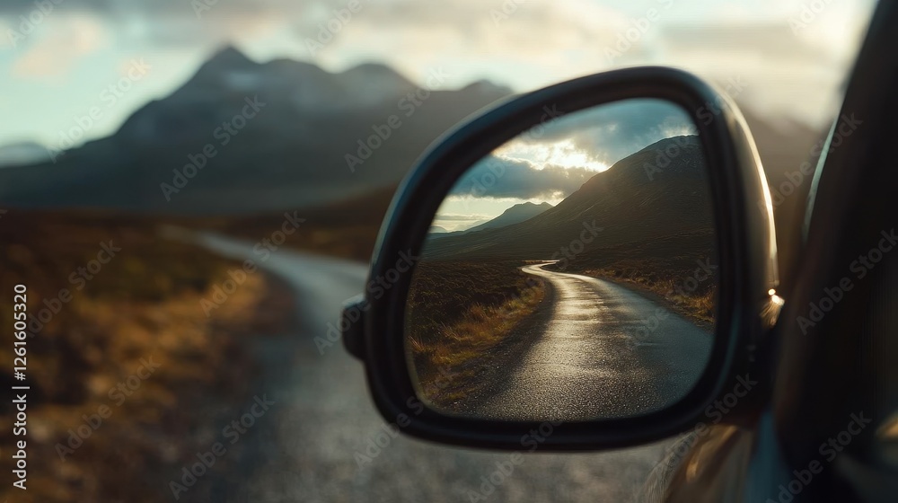 Reflection of Scenic Mountain Road in Car Side Mirror at Dusk Reflection of Scenic Mountain Road in Car Side Mirror at Dusk