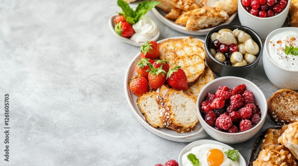A vibrant breakfast spread featuring fruits, yogurt, and crunchy snacks, perfect for a healthy start to the day. A vibrant breakfast spread featuring fruits, yogurt, and crunchy snacks, perfect for a healthy start to the day.