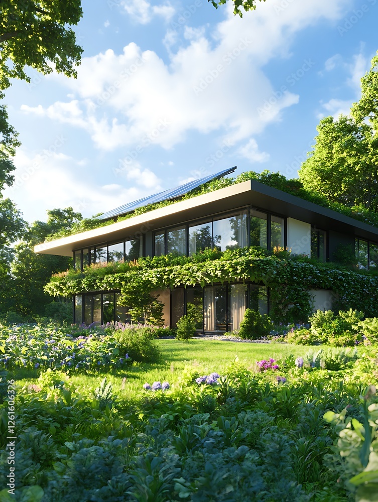 A modern smart home featuring eco-friendly technology in a sustainable environment. A modern smart home featuring eco-friendly technology in a sustainable environment.