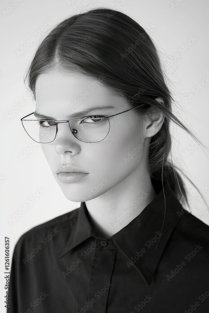 Monochrome Portrait of a Young Woman Wearing Stylish Glasses Monochrome Portrait of a Young Woman Wearing Stylish Glasses