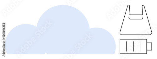 Blue cloud with minimalistic black shopping bag and battery. Ideal for sustainability, cloud storage, eco-shopping, energy conservation, technology, modern consumption, abstract line flat metaphor