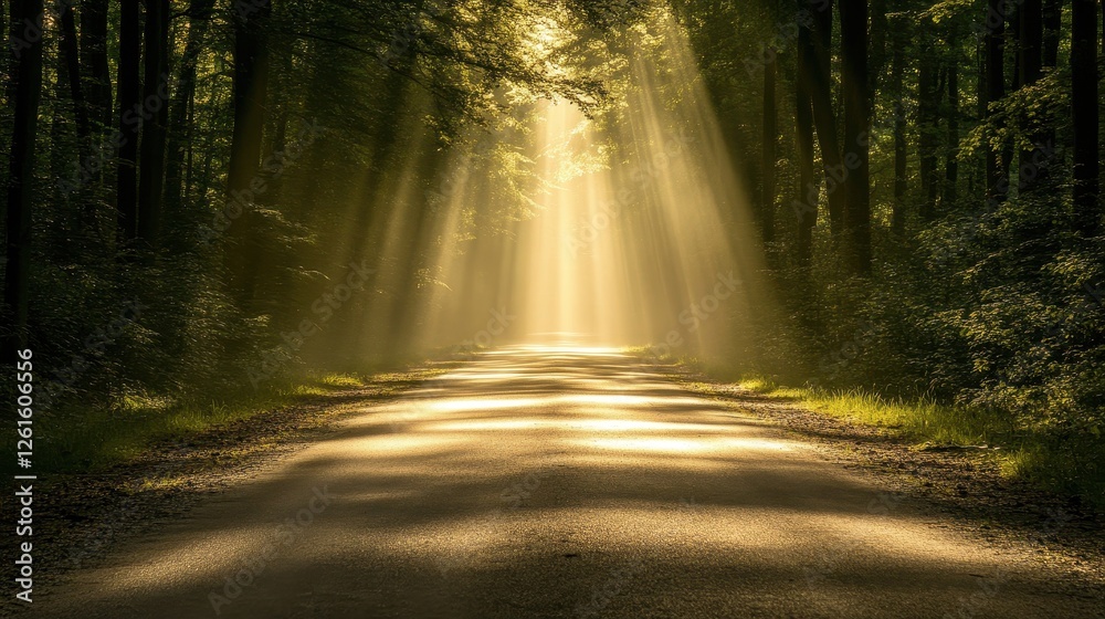 Fototapeta premium Soft Sunlight Rays Through Trees Over Peaceful Forest Pathway