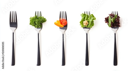 Five forks each holding a different type of fresh salad, showcasing vibrant colors and textures