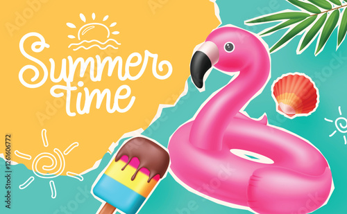 Summer greeting, Summer time, abstract, summer seasonal collection with floaters, Popsicle, banner, flamingo and palm Leaves. Banner with collage elements, Vector illustration for promotion 