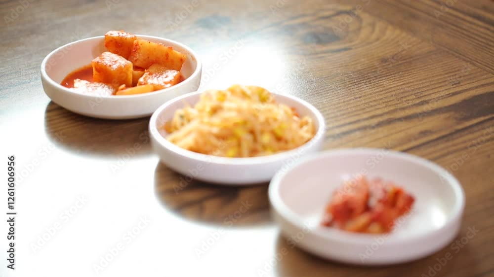 Plates of side dishes including kimchi and bean sprout salad on a wooden table Plates of side dishes including kimchi and bean sprout salad on a wooden table