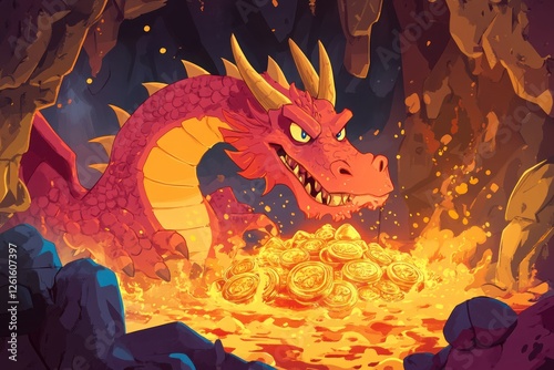 A fierce dragon protecting its treasure in a fiery cavern 