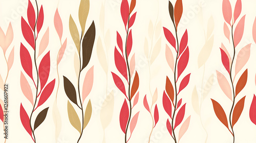 Decorative Pattern of Elongated Leaves in Red and Brown Tones Against an Off White Background Design