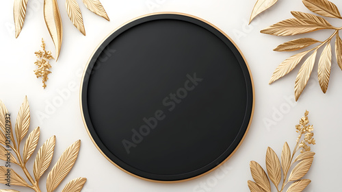 Elegant round black frame surrounded by gold floral engravings, perfect for showcasing art or photos